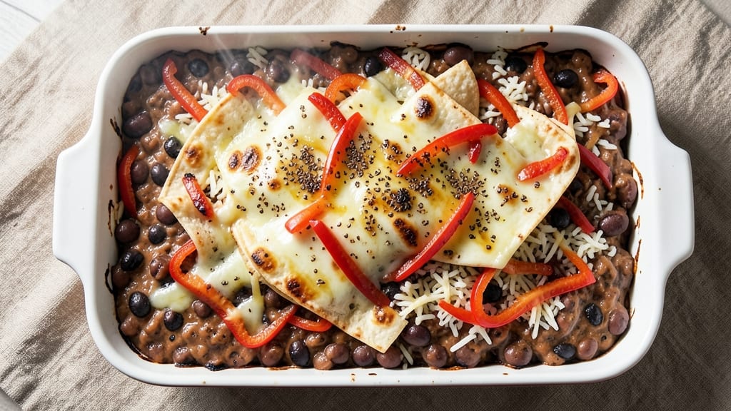 Bean Burrito Casserole Recipe: Crispy Tortilla Crown Over Smoky Cheese Streaks