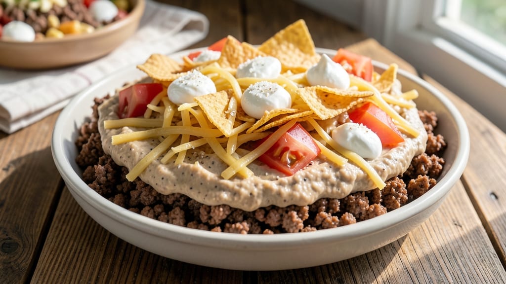 7 Layer Bean Dip Recipe with Ground Beef: Smoky Crunch Over Hearty Beef and Bean Layers