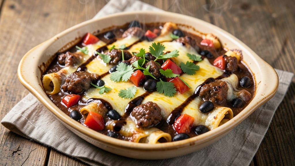 Beef and Black Bean Enchilada Casserole Recipe: Crispy Tortilla Crown Over Smoky Spiced Layers