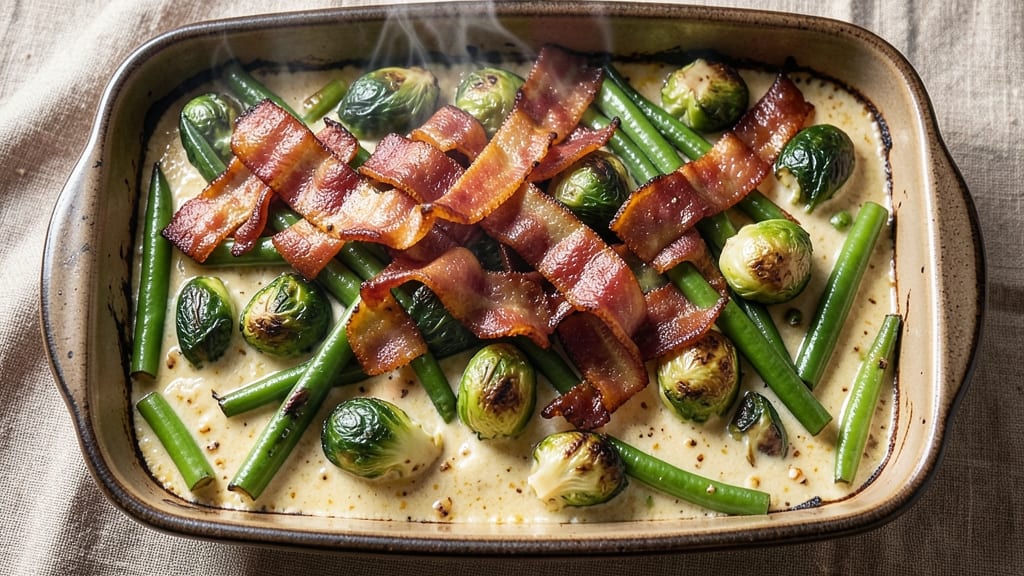 Bacon-Brussels Sprout-Green Bean Casserole Recipe: Crispy Top, Smoky Bacon Layers