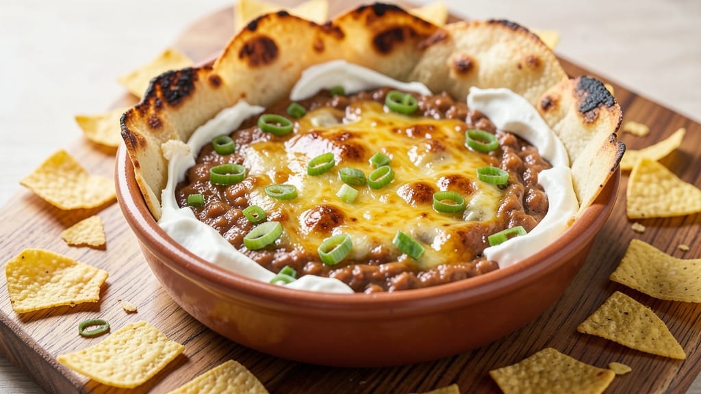 Baked Mexican Bean Dip Recipe: Crispy Tortilla Crown Over Smoky Cheddar Rivers