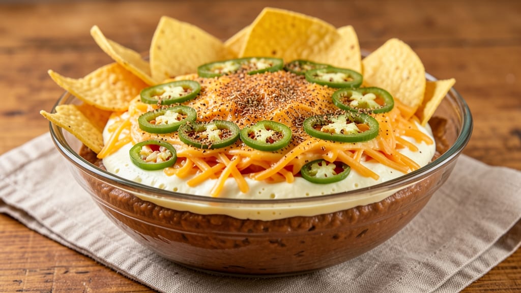 7 Layer Taco Bean Dip Recipe: Crunchy Top Meets Melty Cheese Rivers