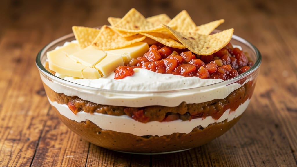 7 Layer Mexican Bean Dip Recipe: Crunchy Tortilla Crown Over Creamy Cheese Rivers