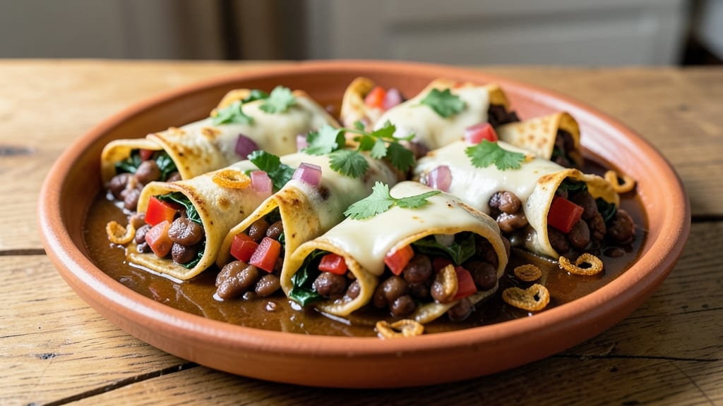 Black Bean and Spinach Enchiladas Recipe: Smoky Tortilla Bites with Spiced Cheese Rivers